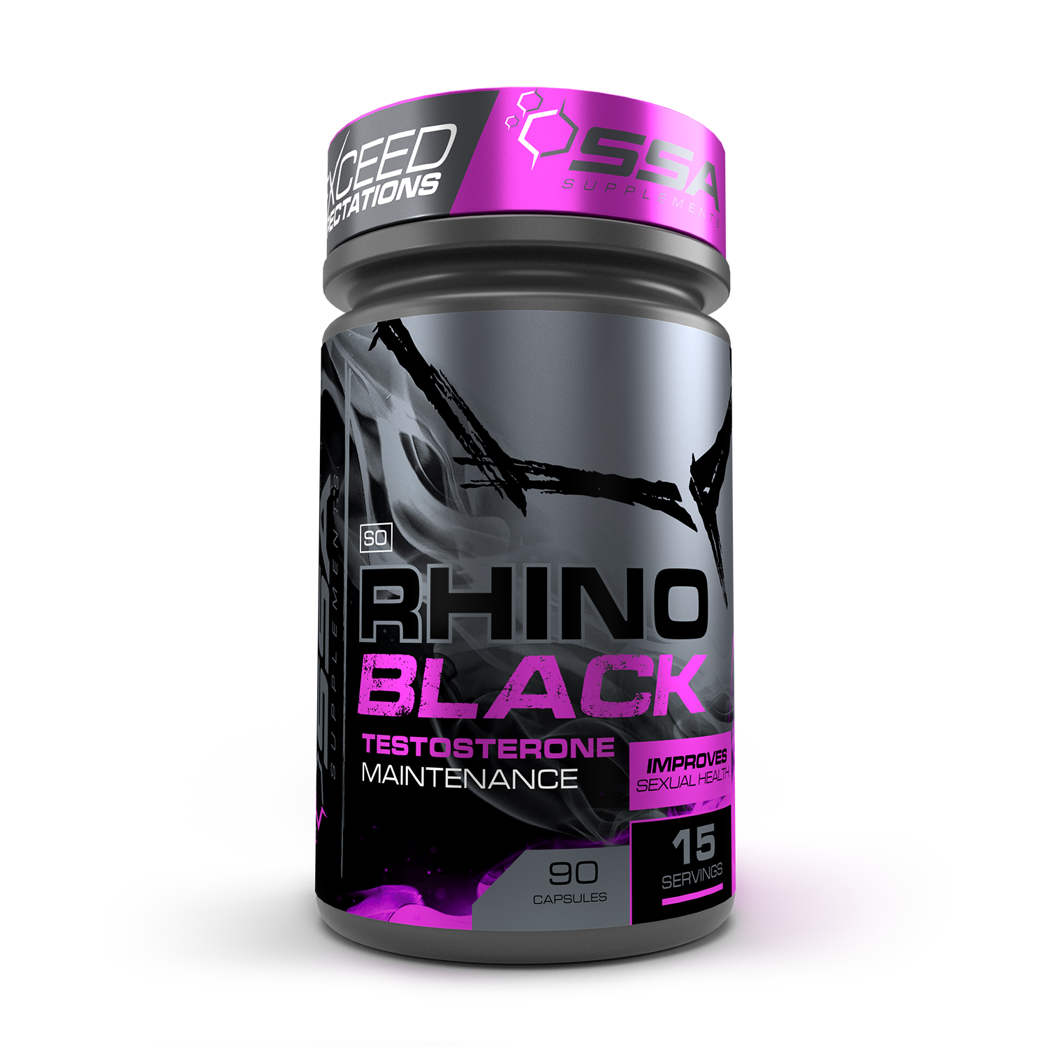 Supplement bottle labeled 'Rhino Black' with purple and gray design on a white background